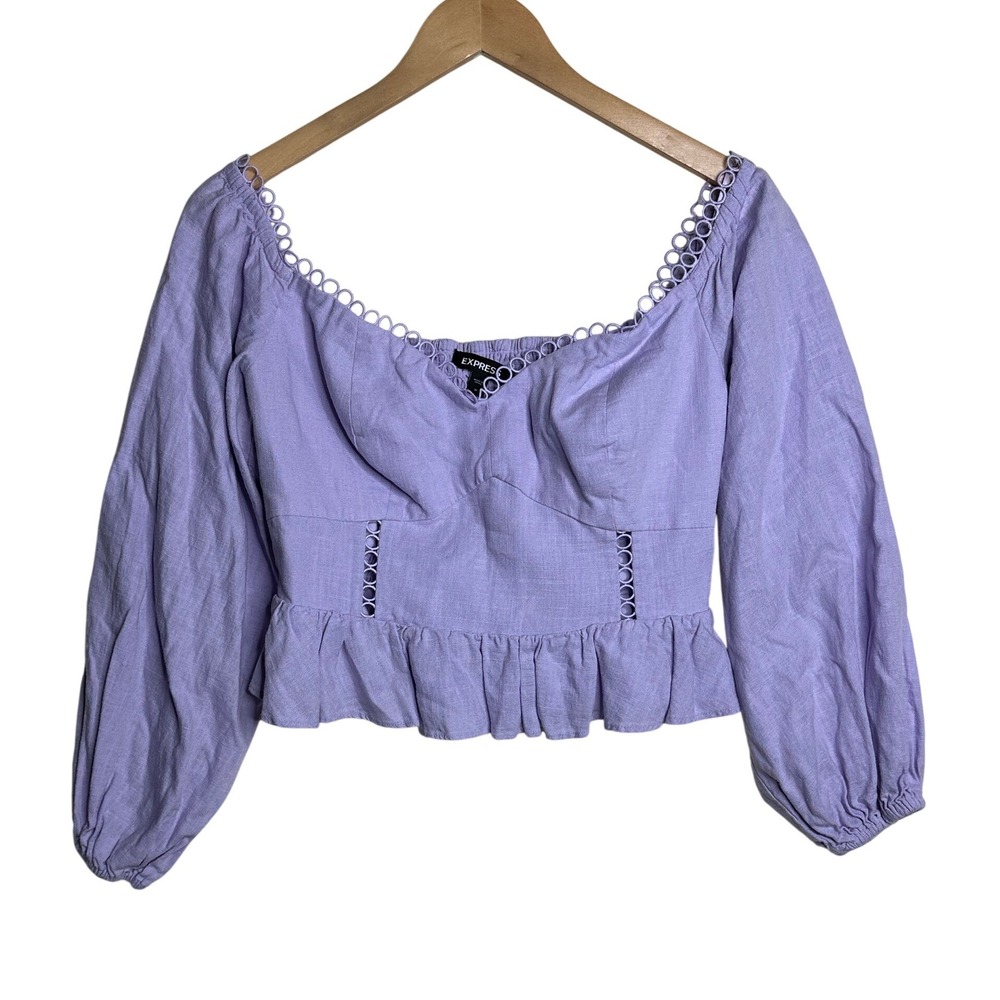 Express Linen Blend Off the Shoulder Corset Peplum Crop Top size Medium Purple
